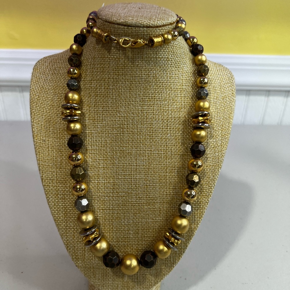 Gold and Brown Beaded Statement Necklace and Bracelet Set
